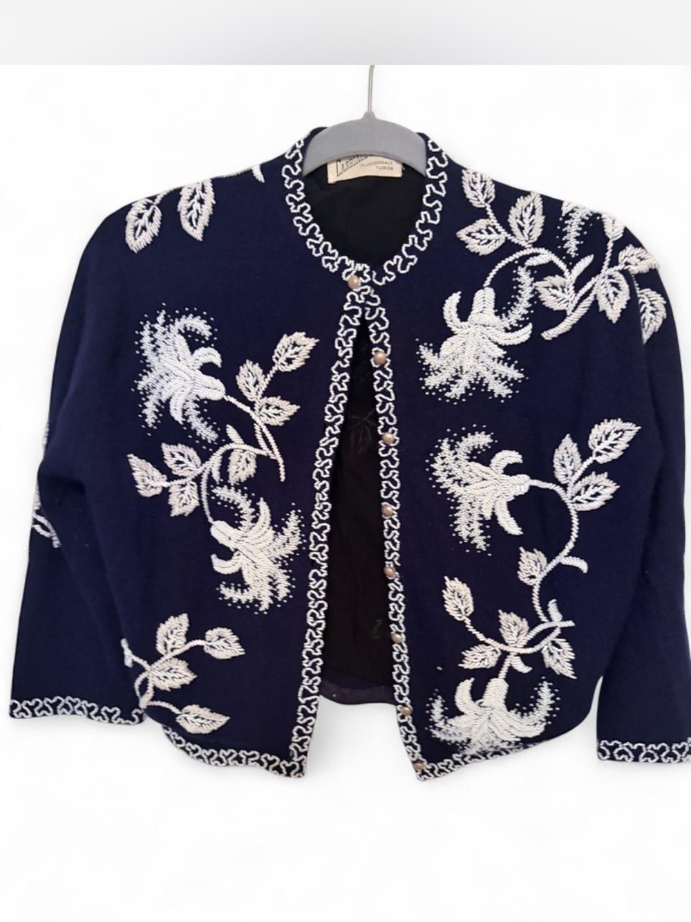 Classic Vintage Navy and White Beaded Floral Knit Sweater Jacket